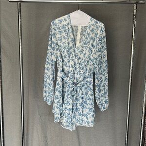 Floral Blue and White Long Sleeve Dress